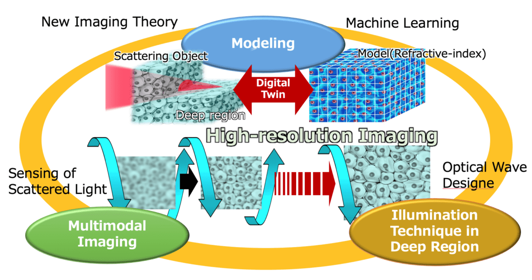 Overview of imaging theory through scattering media: It consists of multimodal sensing and imaging techniques for determining the structure of scattering media and the modeling based on the data, with deep illumination techniques that deliver light to the deepest parts of the scattering media.